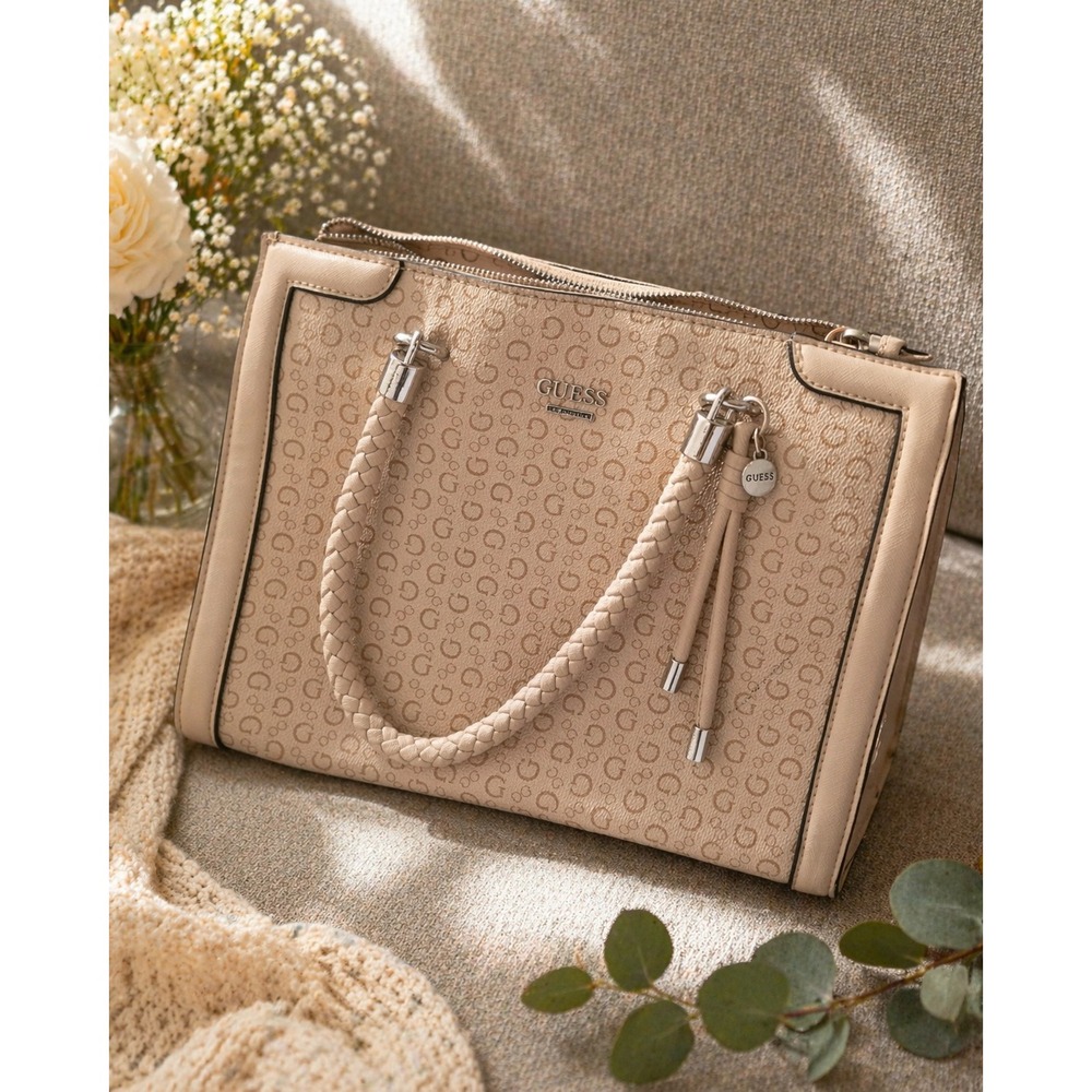 Guess Los Angeles Beige Logo Embossed Satchel Bag Braided Handles Cream